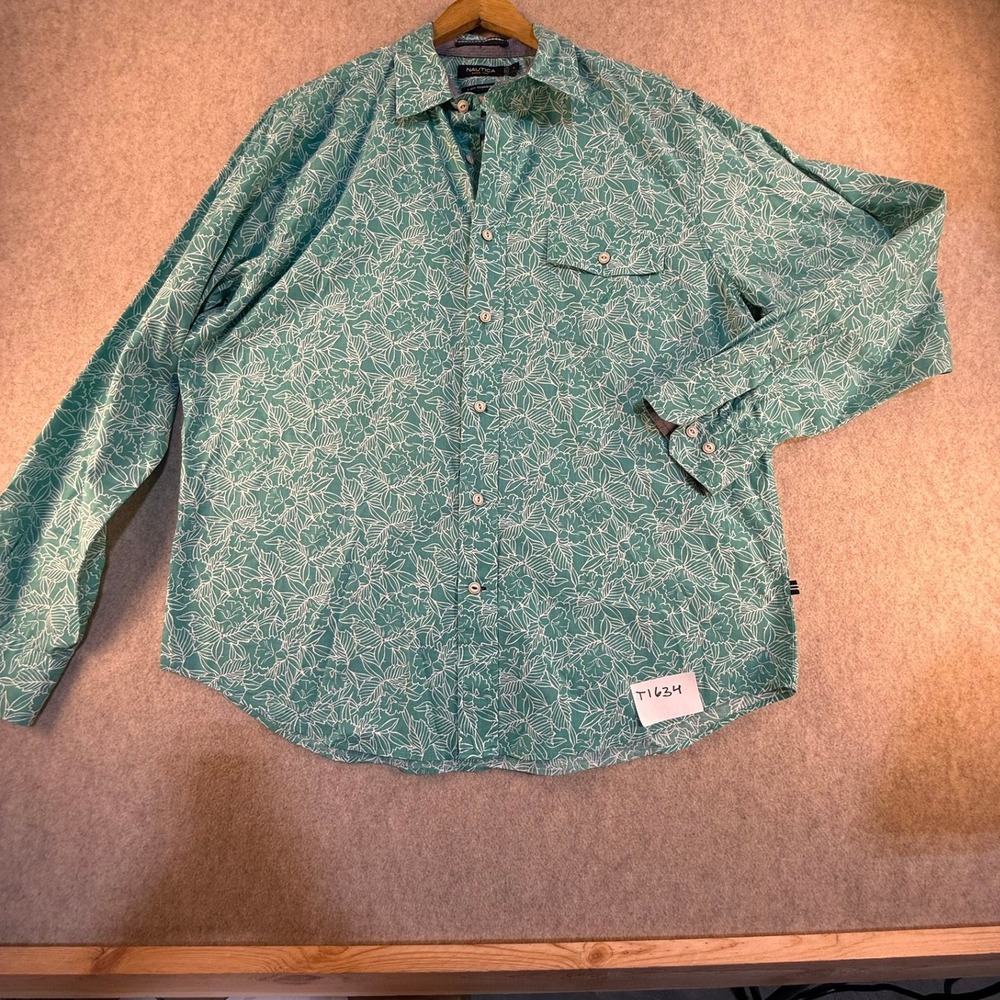 Nautica Mens Large Teal Floral Tropical‎ Button Down Shirt A Bit Trimmer Cotton